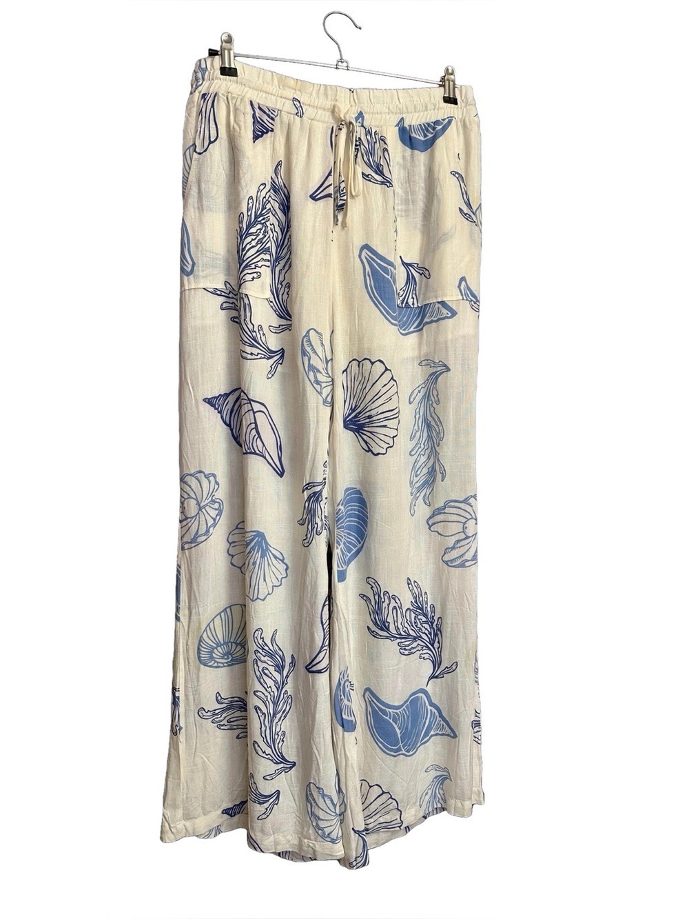 Illa Illa Seashell & Sea Plant Cream/Blue Wide Leg Pull-On Pants - Size L - Picture 4 of 11